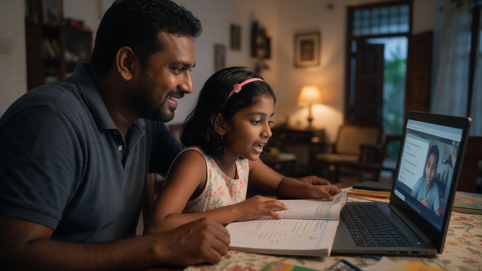 Parent sitting beside a child during an online English lesson