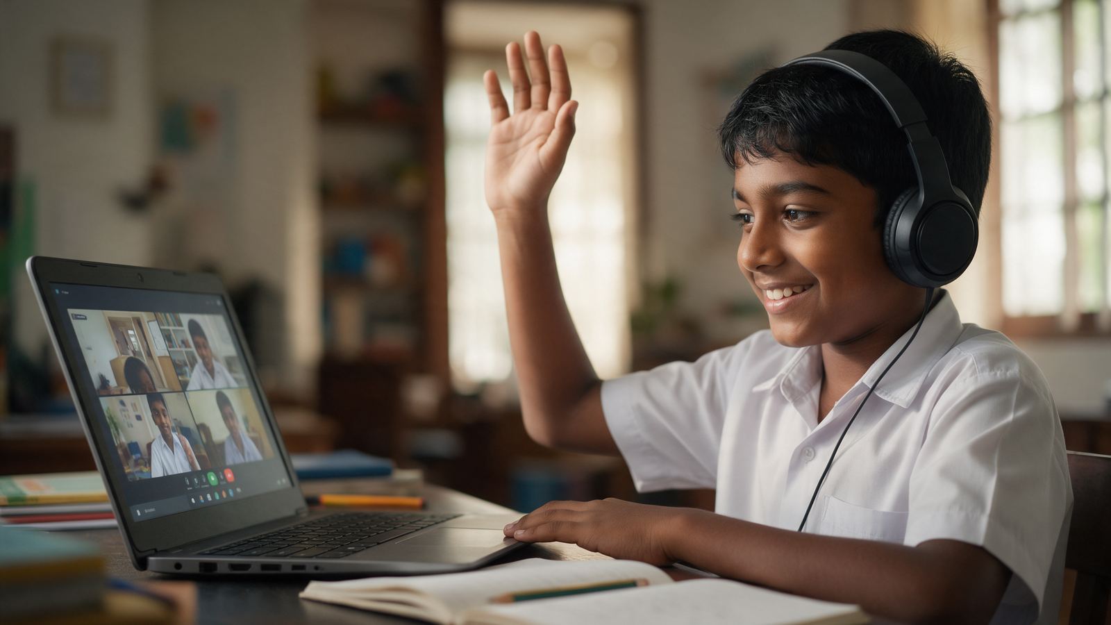 Student raising his hand in a live online English class