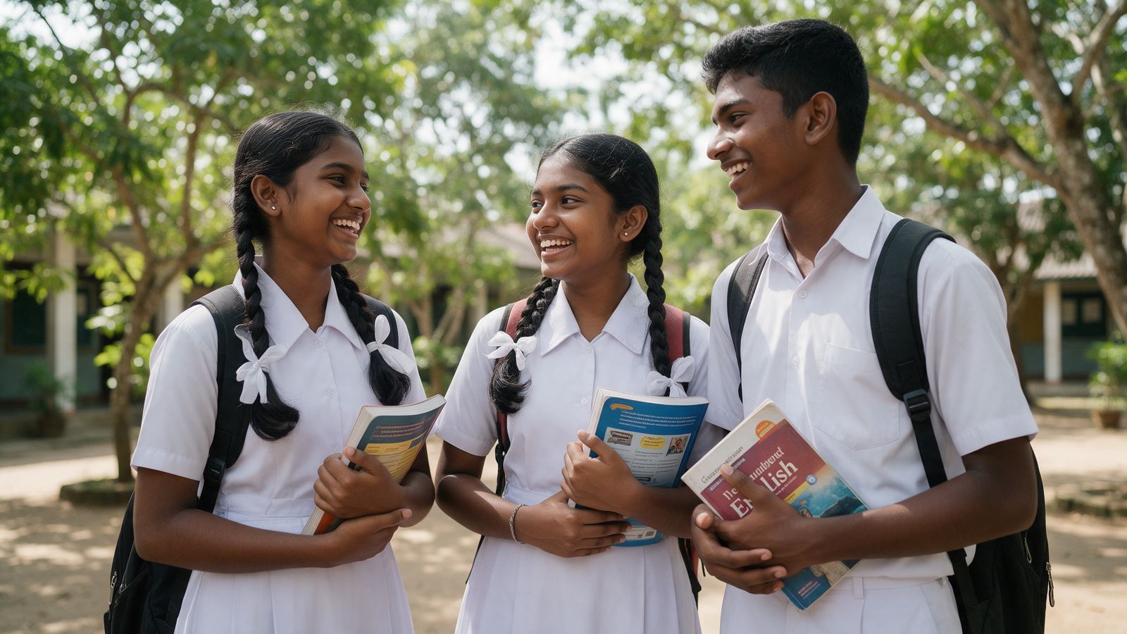Students in school uniform talking together with their English books